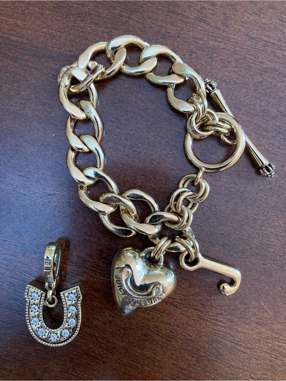 ✨Juicy Couture Gold-Tone Charm Bracelet with Heart, Horseshoe & Key Charms✨